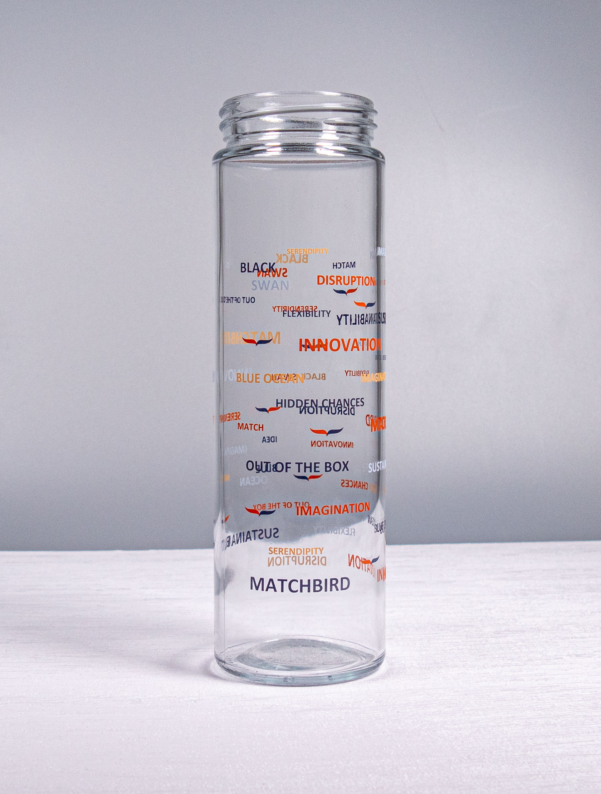 Hochwertig bedruckte Trinkflasche mit Firmenlogo von Matchbird