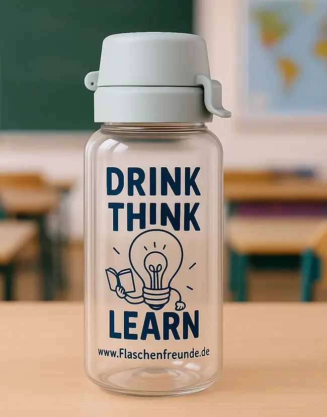 Bedruckte Trinkflasche für Kinder auf einem Tisch im Klassenzimmer