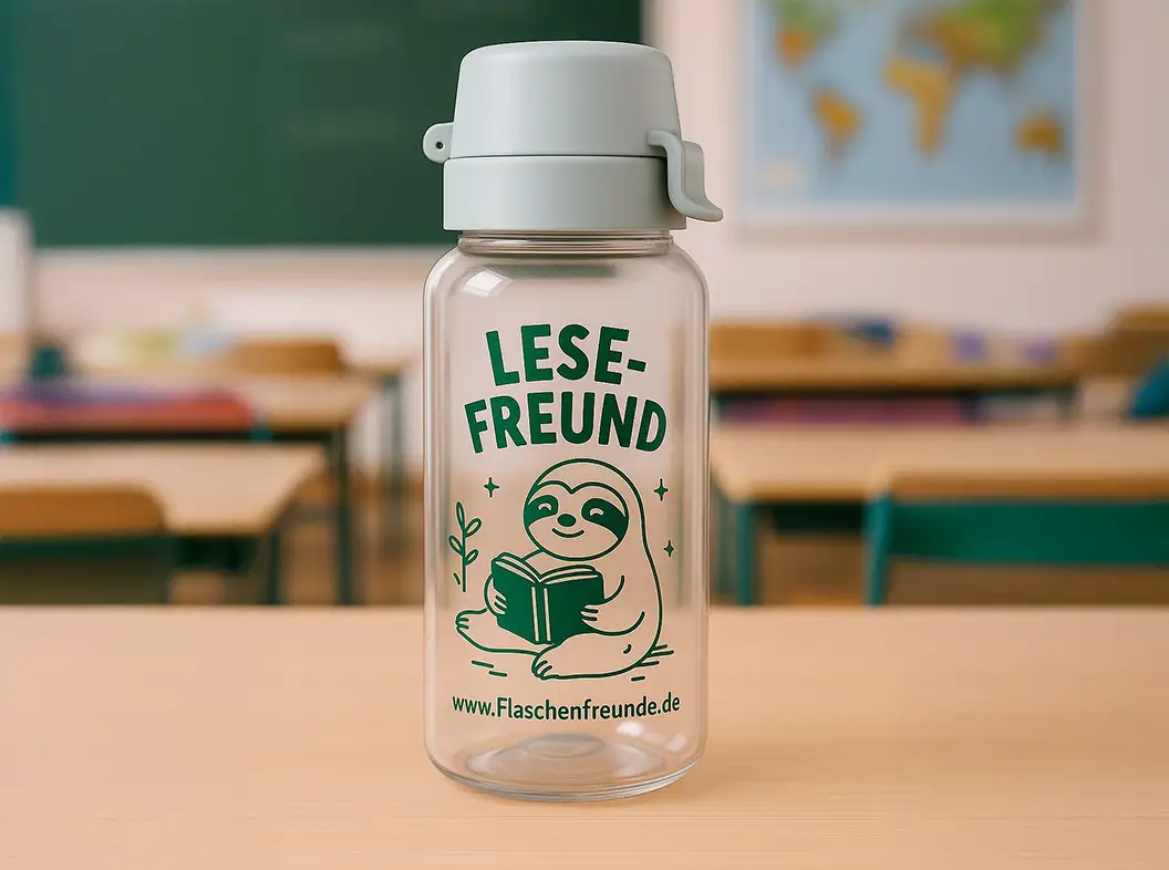 bedruckte trinkflasche für kinder auf einem tisch in einem klassenzimmer