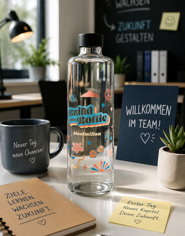 Individuell bedruckte Trinkflasche mit Namen auf einem Schreibtisch