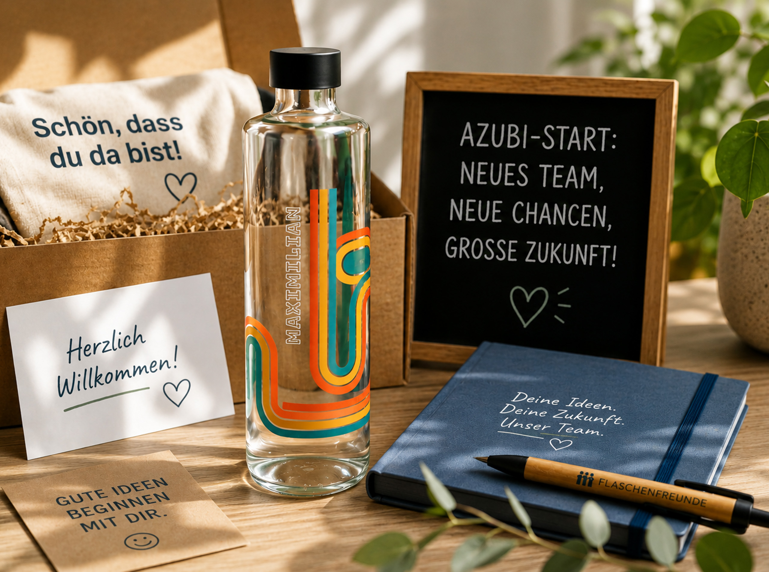 Personalisierte Onboarding-Geschenke auf einem Schreibtisch