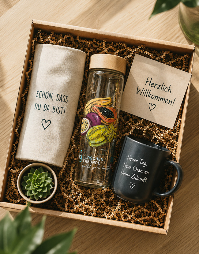 Bedruckte Glasflasche liegt mit anderen Geschenken in einer Willkommensbox aus Holz