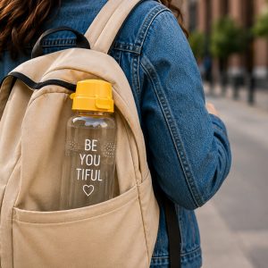 Frau trägt einen Rucksack auf dem Rücken aus dem eine bedruckte Tritanflasche herausschaut