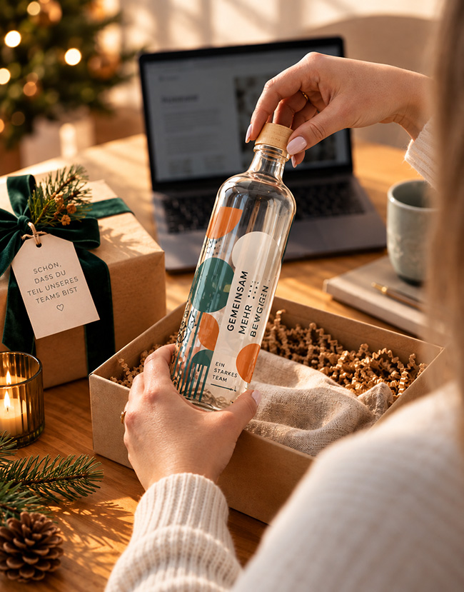Mitarbeiterin packt bedruckte Glasflasche als Weihnachtsgeschenk am schreibtisch aus