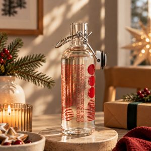Glasflasche mit Bügelverschluss auf einem weihnachtlich dekoriertem Tisch