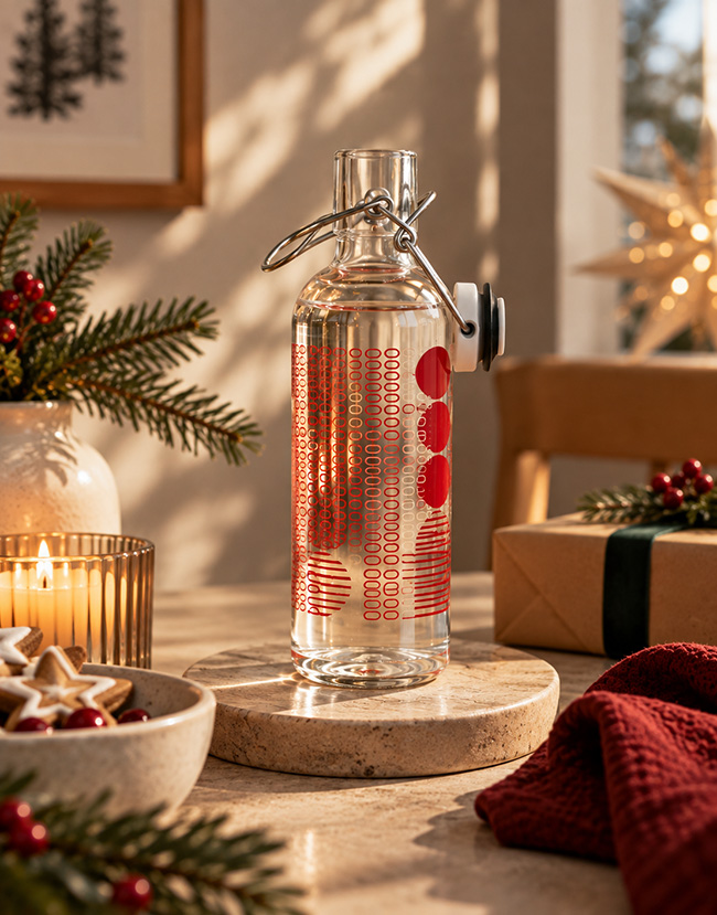 Glasflasche mit Bügelverschluss auf einem weihnachtlich dekoriertem Tisch