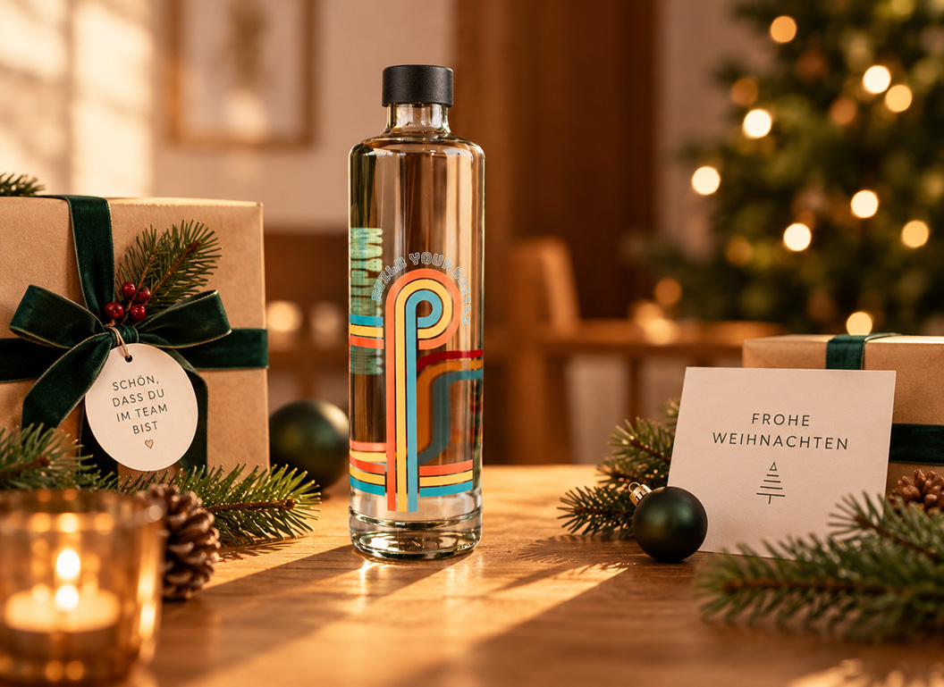 Bedruckte Trinkflasche als Geschenk für Mitarbeiter zu Weihnachten auf einem Tisch