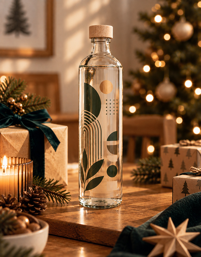 Flasche mit geometrischem Muster bedruckt auf einem weihnachtlich dekoriertem Tisch